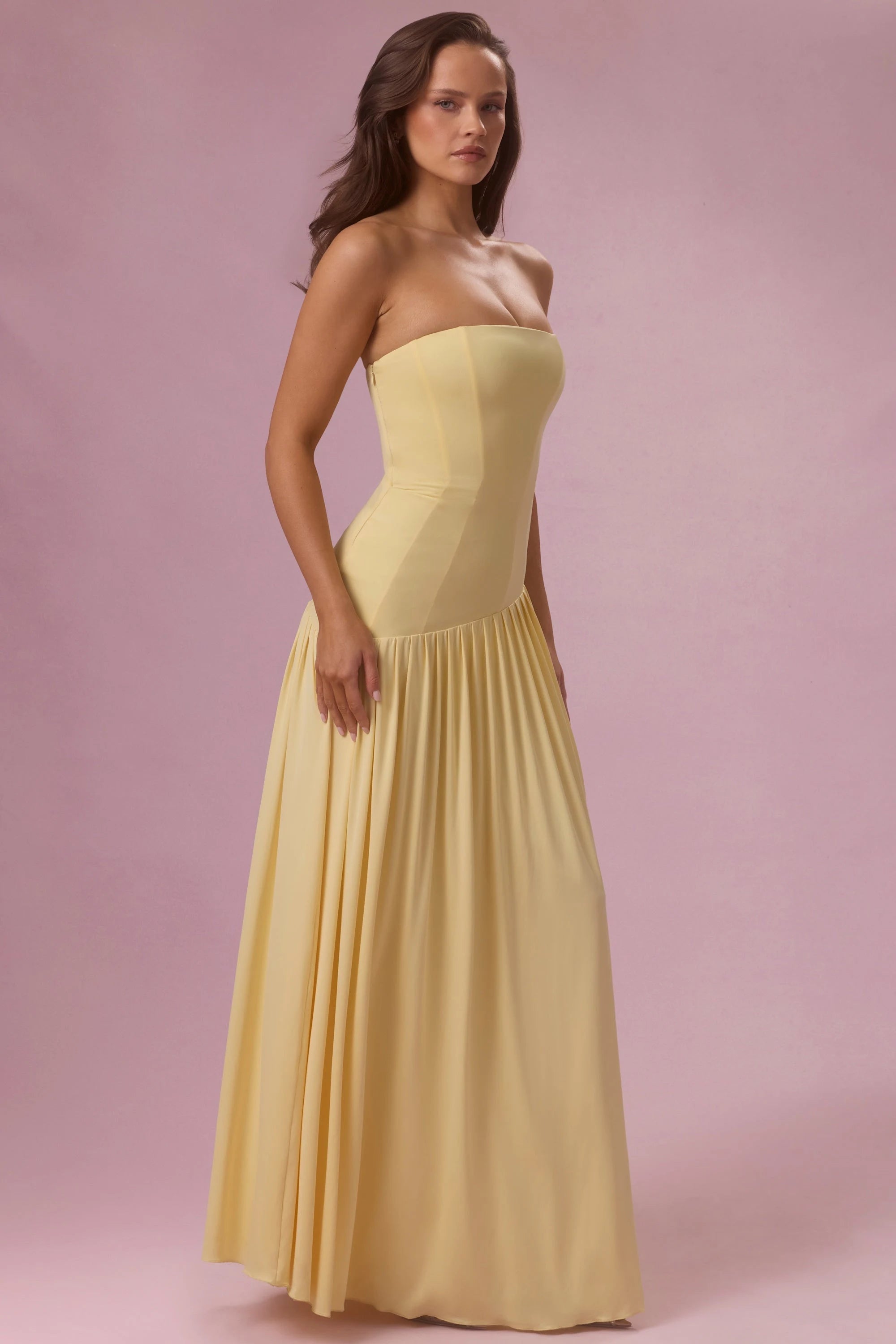 Elegant A-Line Strapless Sleeveless Pleated Pastel Yellow Floor-Length Prom Dress for Women
