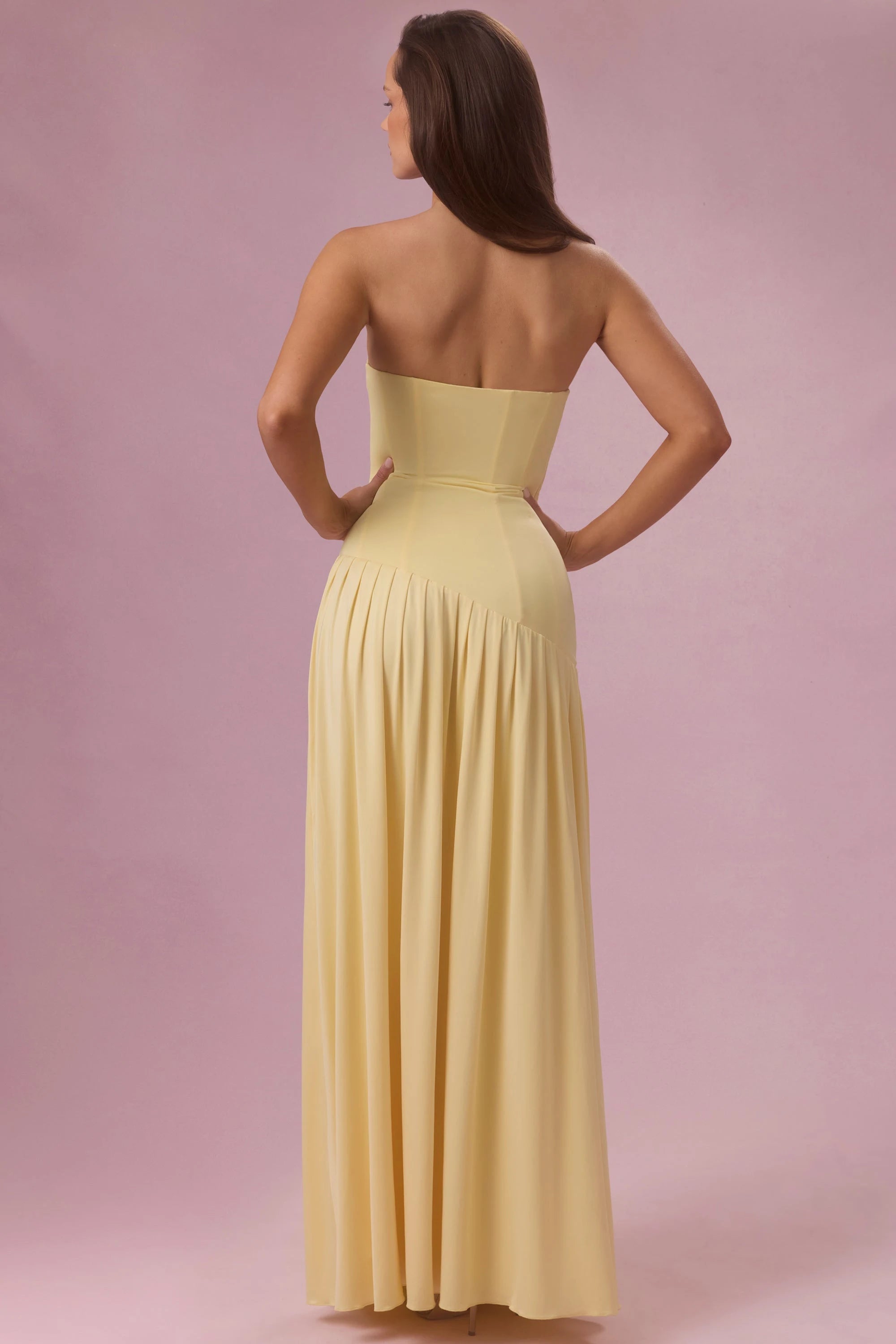 Elegant A-Line Strapless Sleeveless Pleated Pastel Yellow Floor-Length Prom Dress for Women