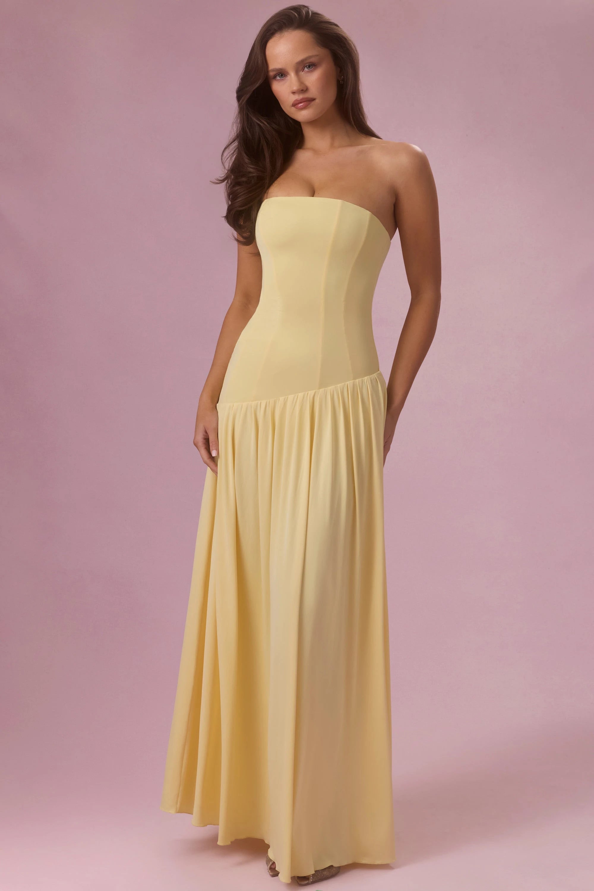 Elegant A-Line Strapless Sleeveless Pleated Pastel Yellow Floor-Length Prom Dress for Women