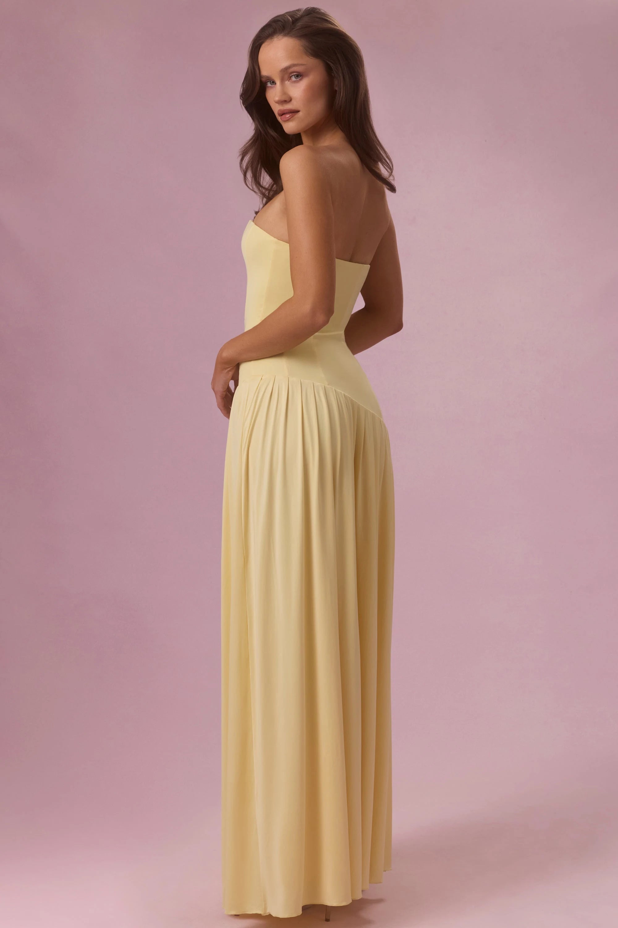 Elegant A-Line Strapless Sleeveless Pleated Pastel Yellow Floor-Length Prom Dress for Women