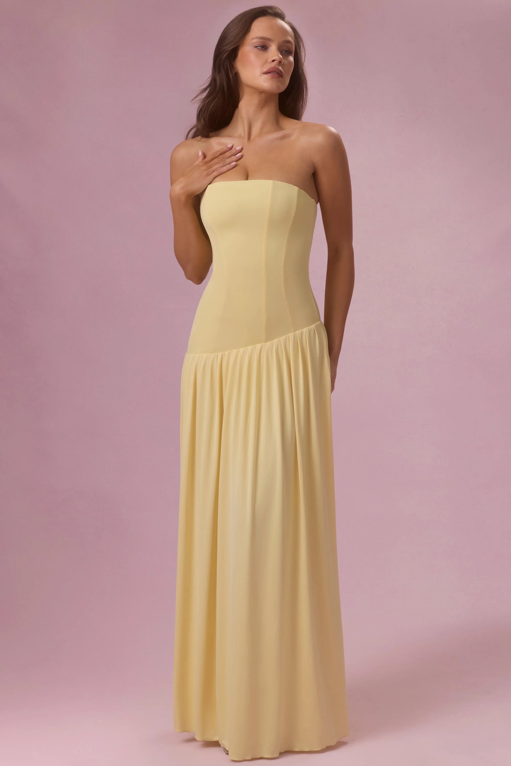 Elegant A-Line Strapless Sleeveless Pleated Pastel Yellow Floor-Length Prom Dress for Women
