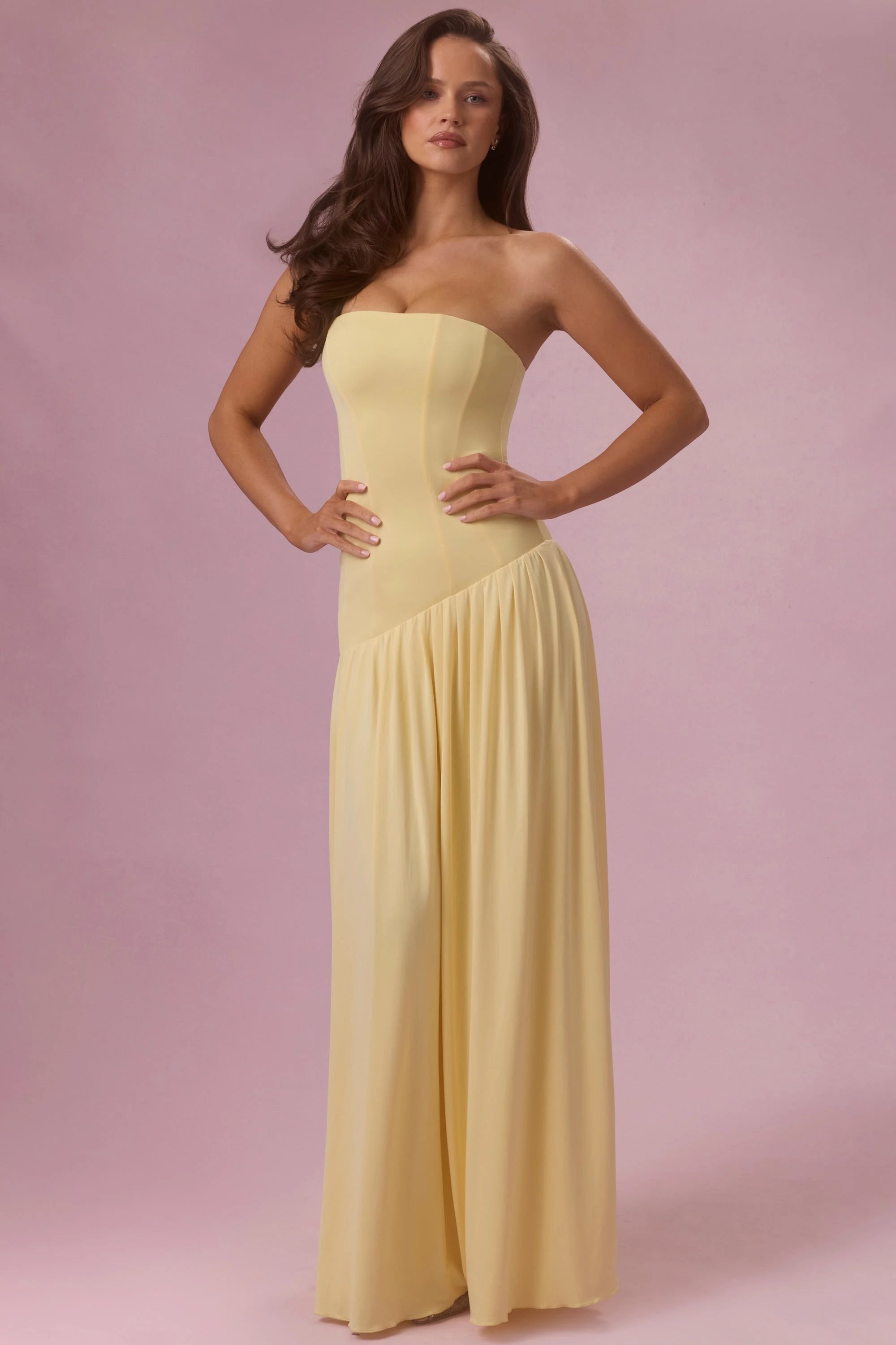 Elegant A-Line Strapless Sleeveless Pleated Pastel Yellow Floor-Length Prom Dress for Women