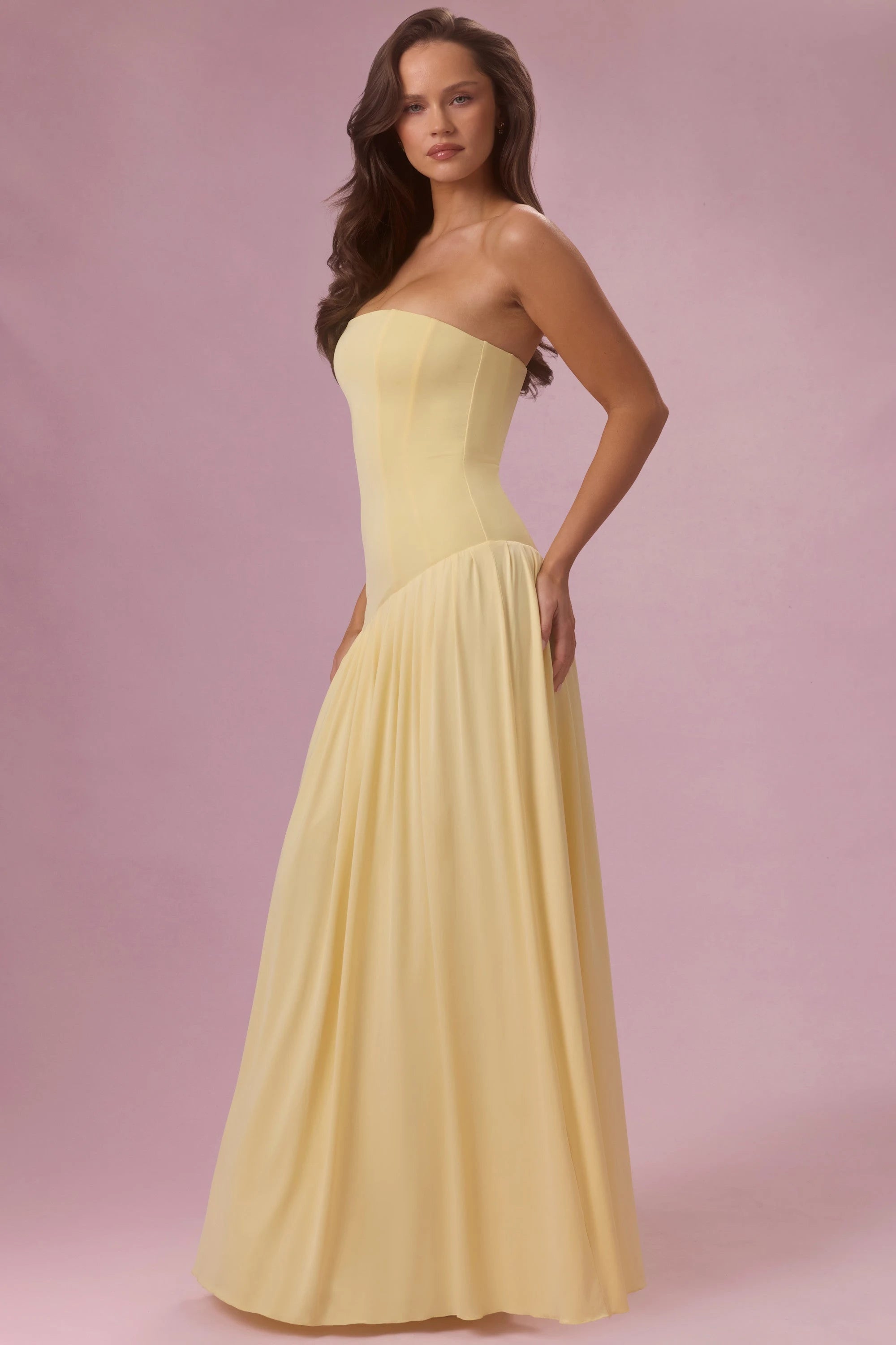 Elegant A-Line Strapless Sleeveless Pleated Pastel Yellow Floor-Length Prom Dress for Women