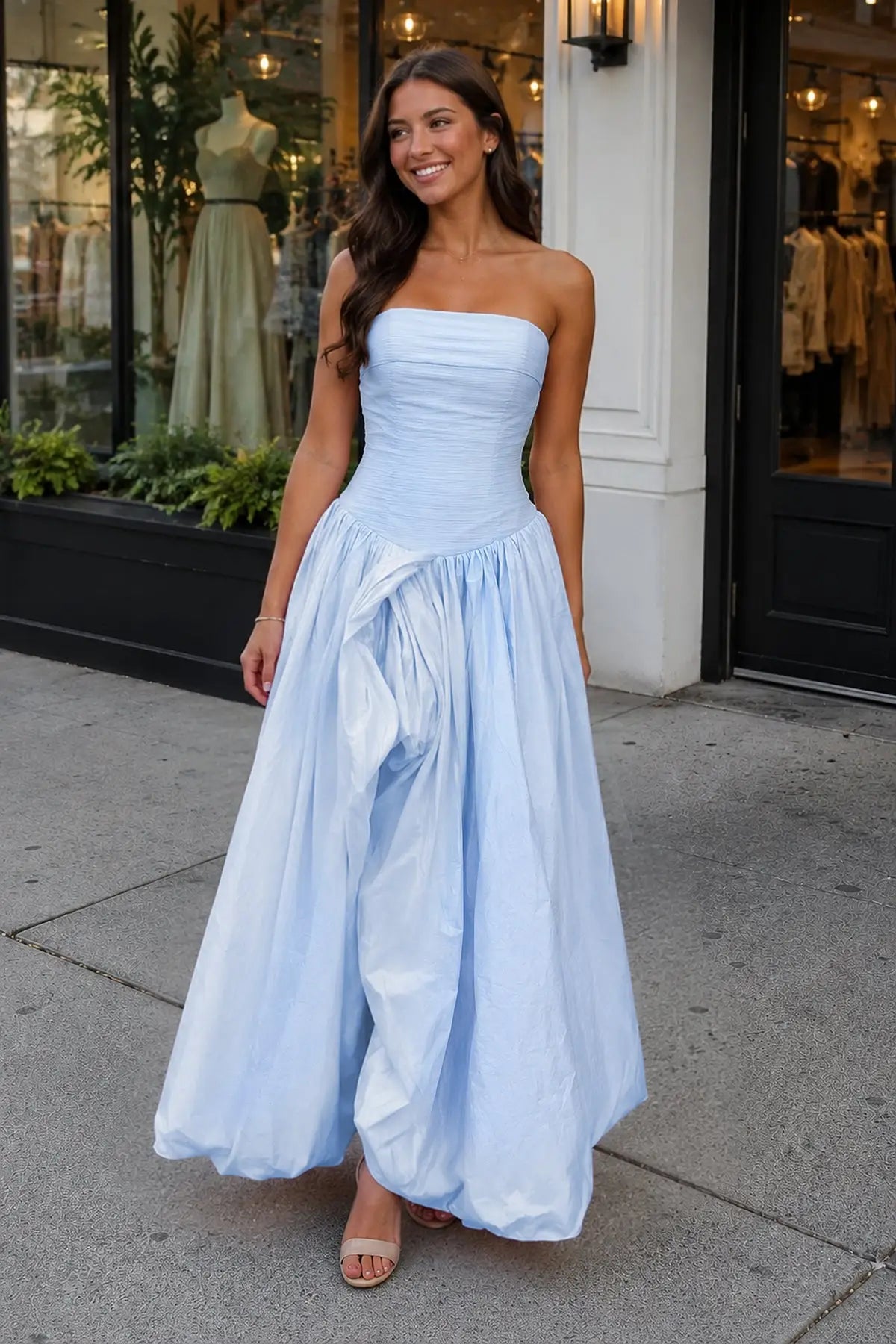 Elegant A-Line Strapless Sleeveless Ruched Bubble Light Blue Maxi Prom Dresses Women
