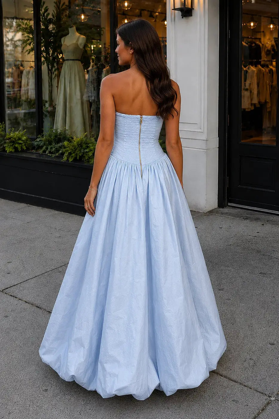 Elegant A-Line Strapless Sleeveless Ruched Bubble Light Blue Maxi Prom Dresses Women
