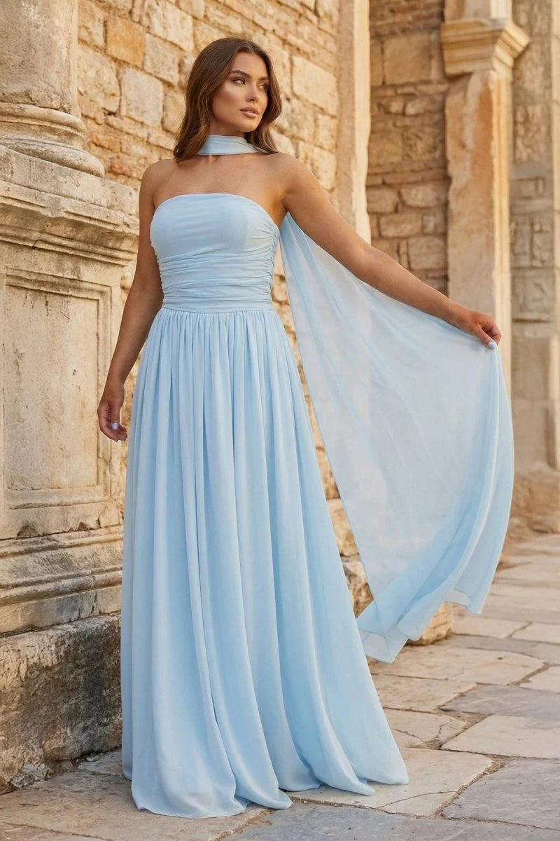 Elegant A-Line Strapless Sleeveless Ruched Cape Blue Maxi Prom Dresses Gown