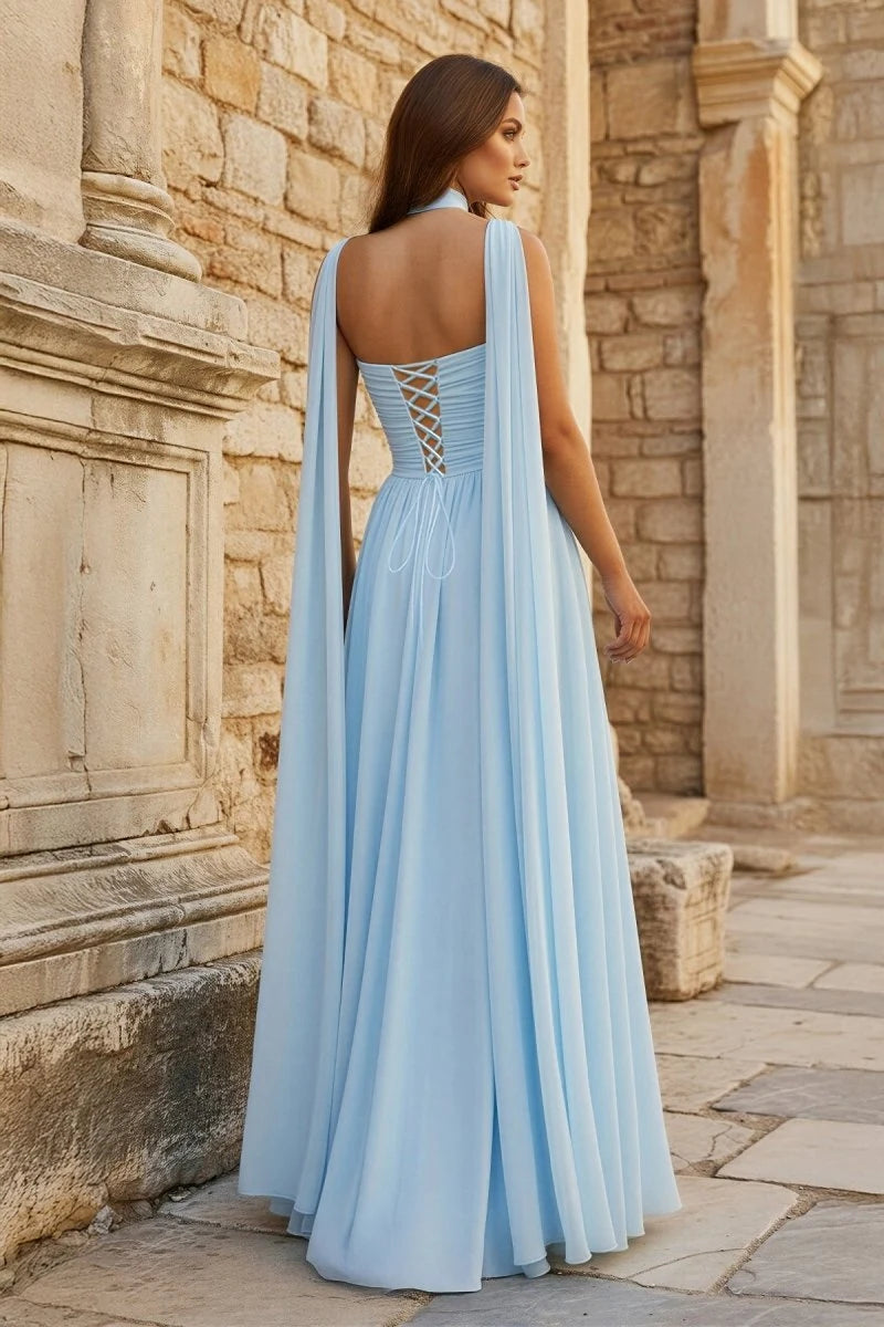 Elegant A-Line Strapless Sleeveless Ruched Cape Blue Maxi Prom Dresses Gown