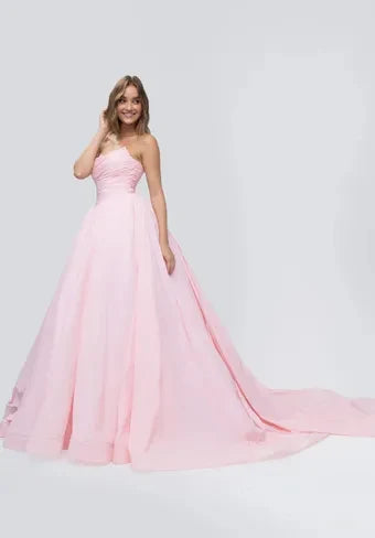 Elegant A-Line Strapless Sleeveless Ruched Pleated Pink Long Prom Dresses Gown