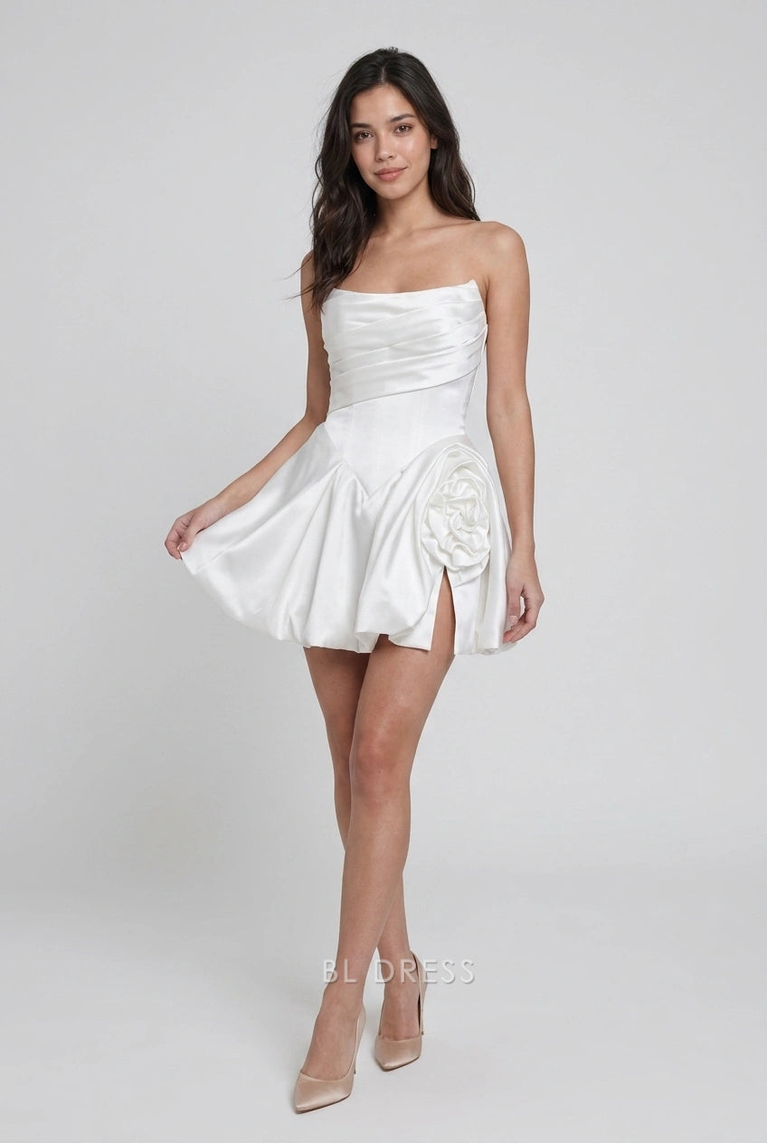 Elegant A-Line Strapless Sleeveless Ruffled Floral Light Gray Mini Homecoming Dress Women's