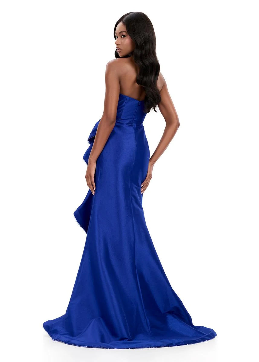 Elegant A-Line Strapless Sleeveless Ruffled Slit Royal Blue Floor-Length Prom Dresses Women's Gown