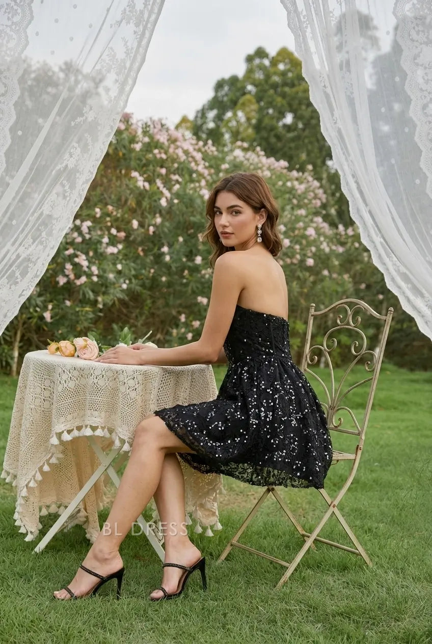 Elegant A-Line Strapless Sleeveless Sequin Black Short Homecoming Dresses Women's Gown
