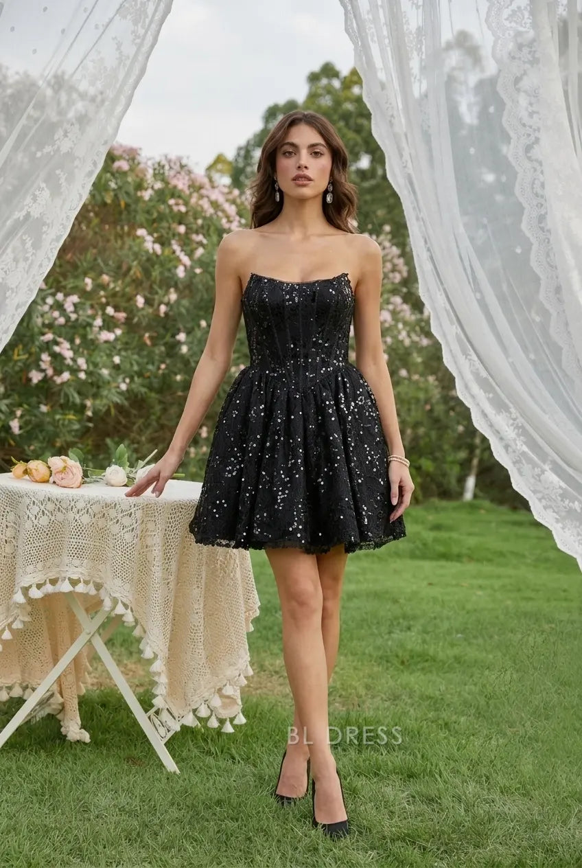 Elegant A-Line Strapless Sleeveless Sequin Black Short Homecoming Dresses Women's Gown