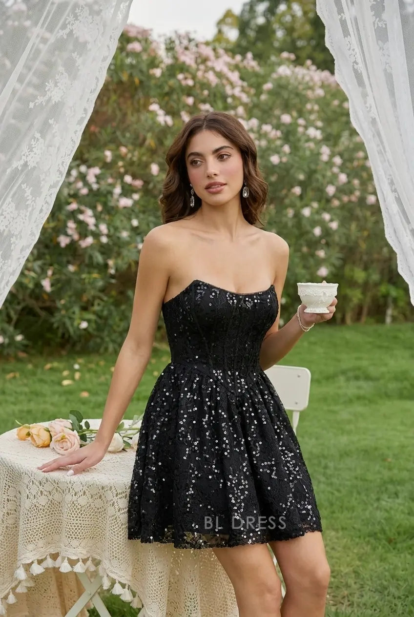 Elegant A-Line Strapless Sleeveless Sequin Black Short Homecoming Dresses Women's Gown