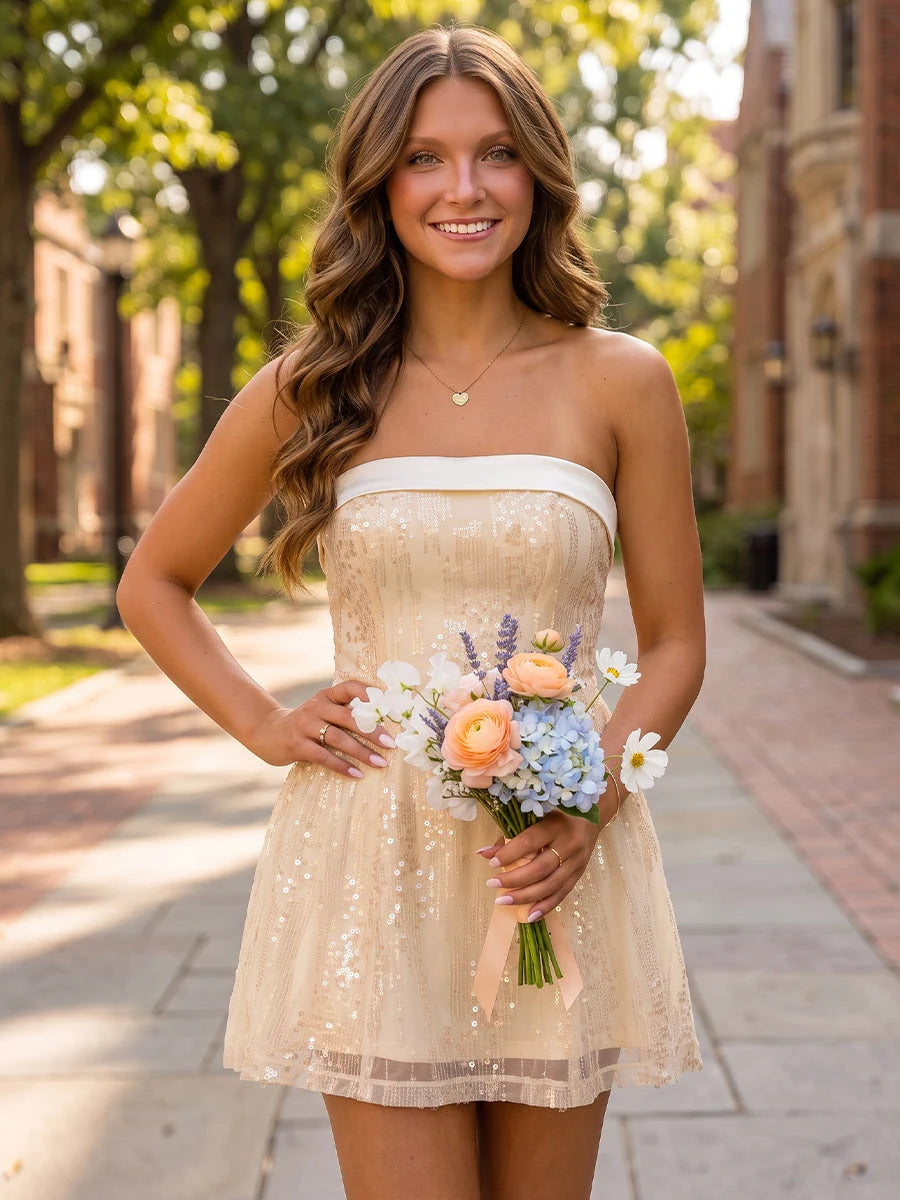 Elegant A-Line Strapless Sleeveless Sequin Bow-Back Champagne Short Homecoming Dress