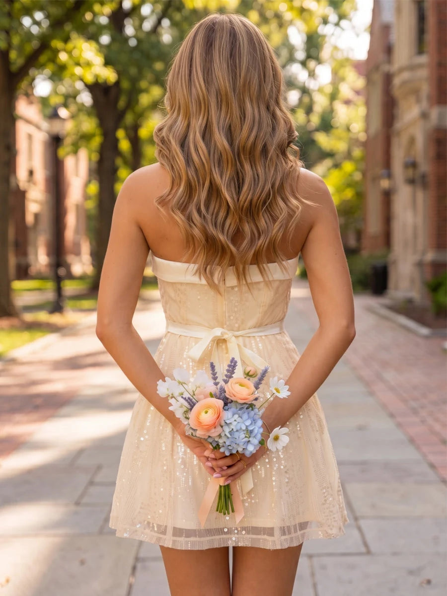 Elegant A-Line Strapless Sleeveless Sequin Bow-Back Champagne Short Homecoming Dress