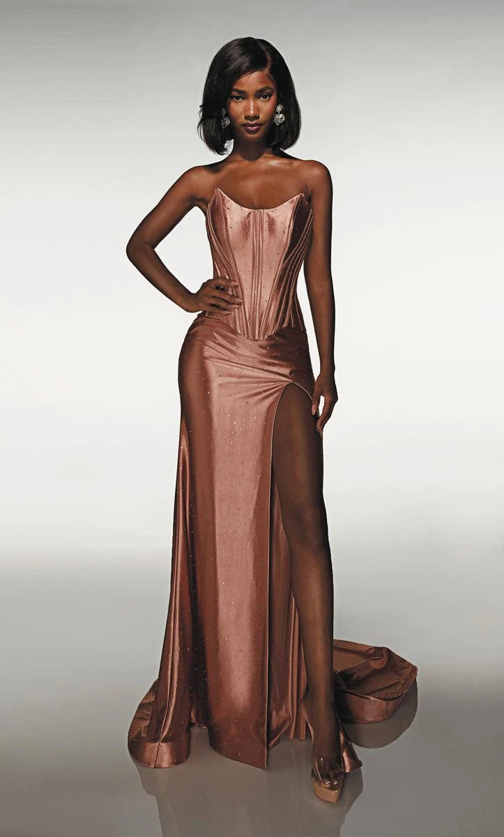 Elegant A-Line Strapless Sleeveless Sparkling Rose Gold Floor-Length Prom Dresses For Women