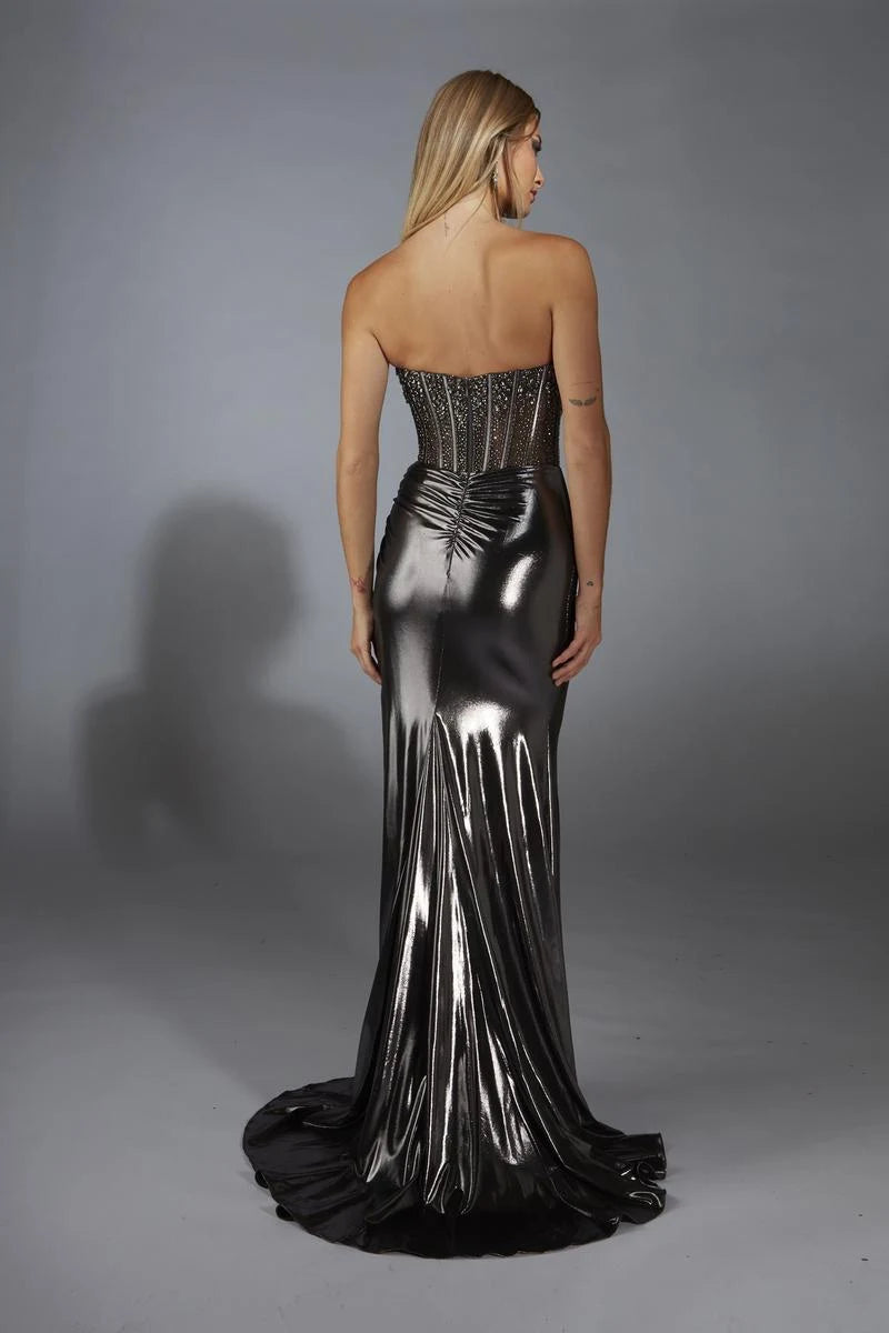 Elegant A-Line Strapless Sleeveless Sparkly Ruched Metallic Long Prom Dresses for Women