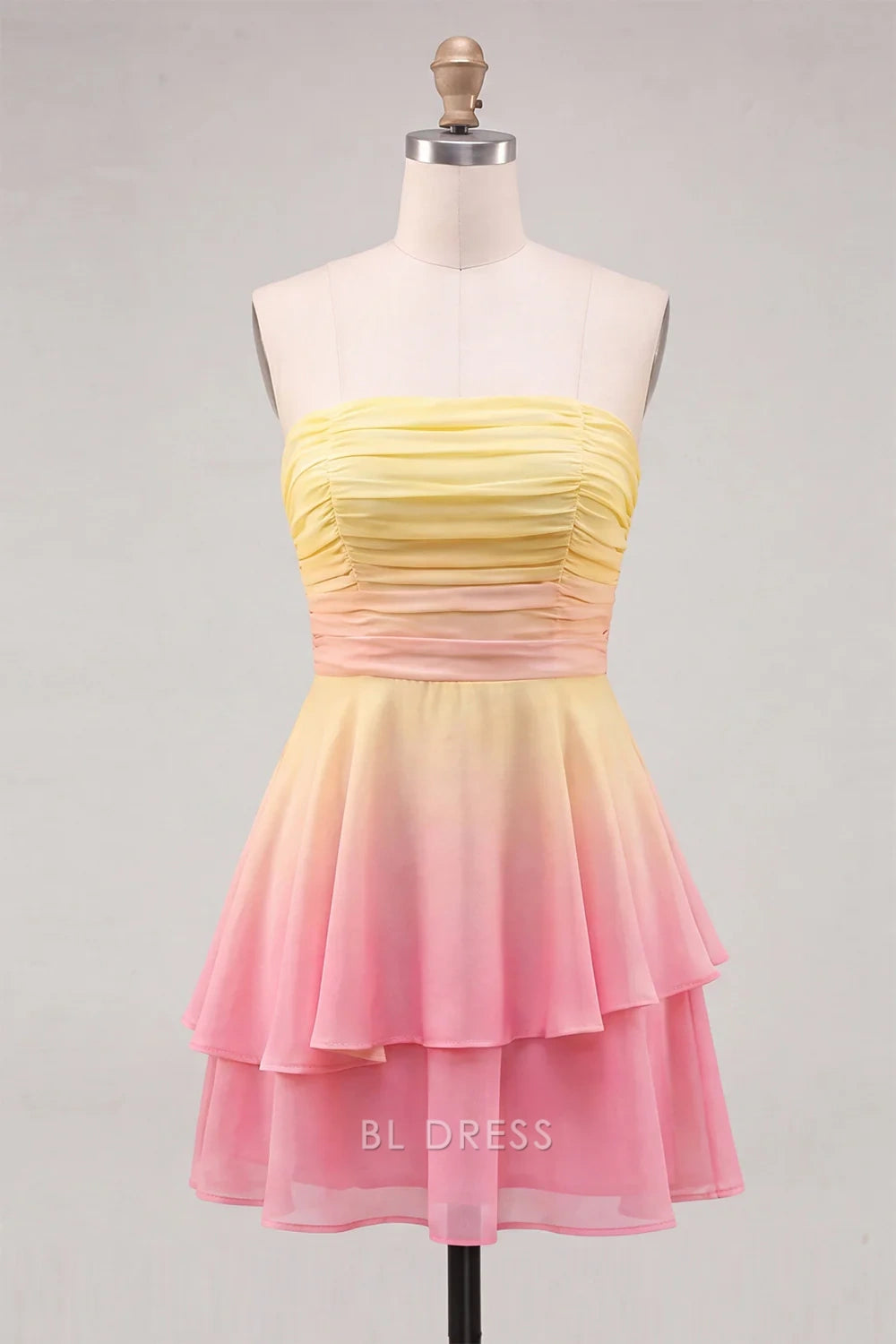 Elegant A-Line Strapless Sleeveless Tiered Ruffle Ombre Yellow Pink Short Homecoming Dress
