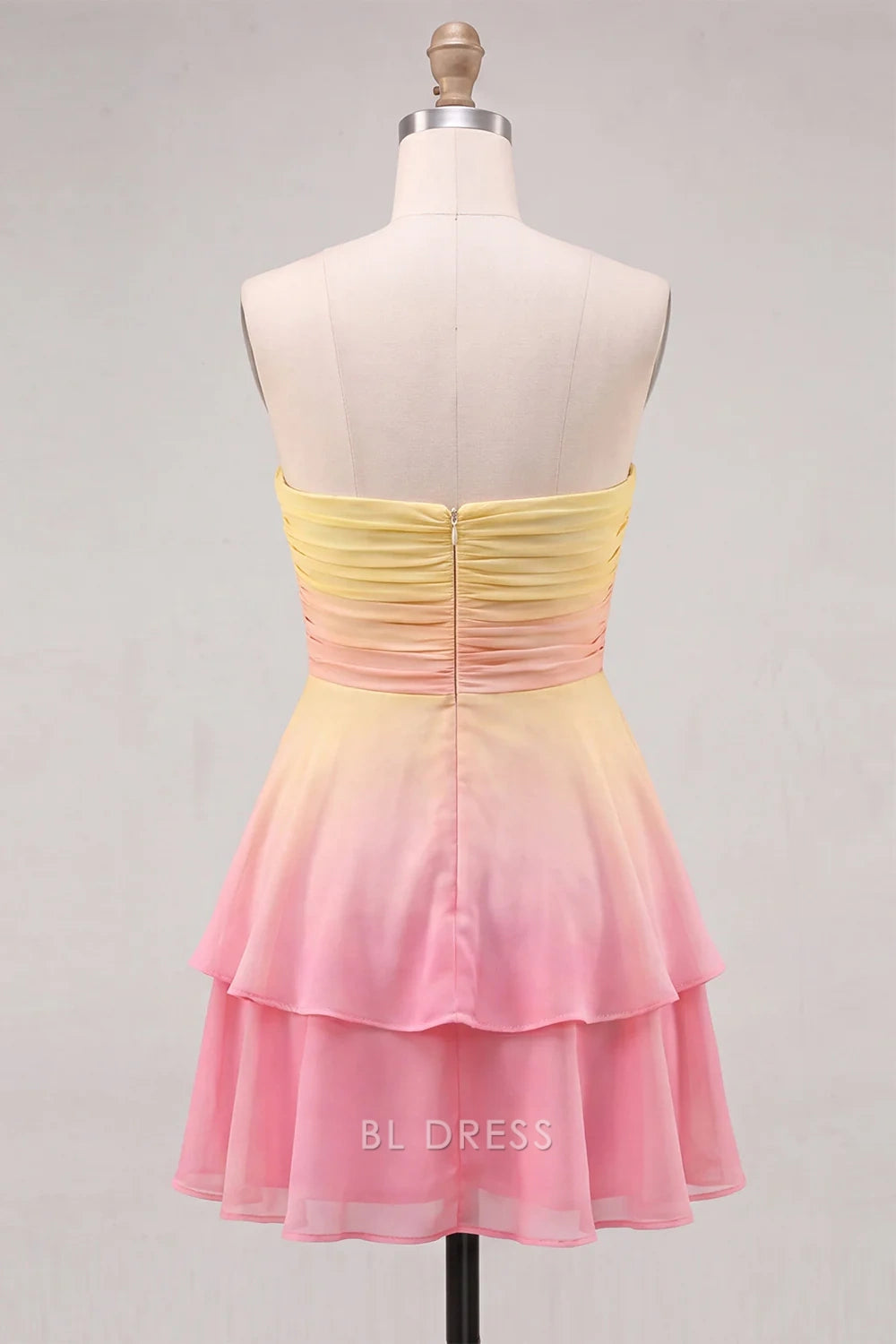 Elegant A-Line Strapless Sleeveless Tiered Ruffle Ombre Yellow Pink Short Homecoming Dress