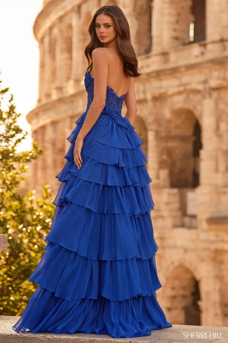 Elegant A-Line Strapless Sleeveless Tiered Slit Royal Blue Long Prom Dresses Gown