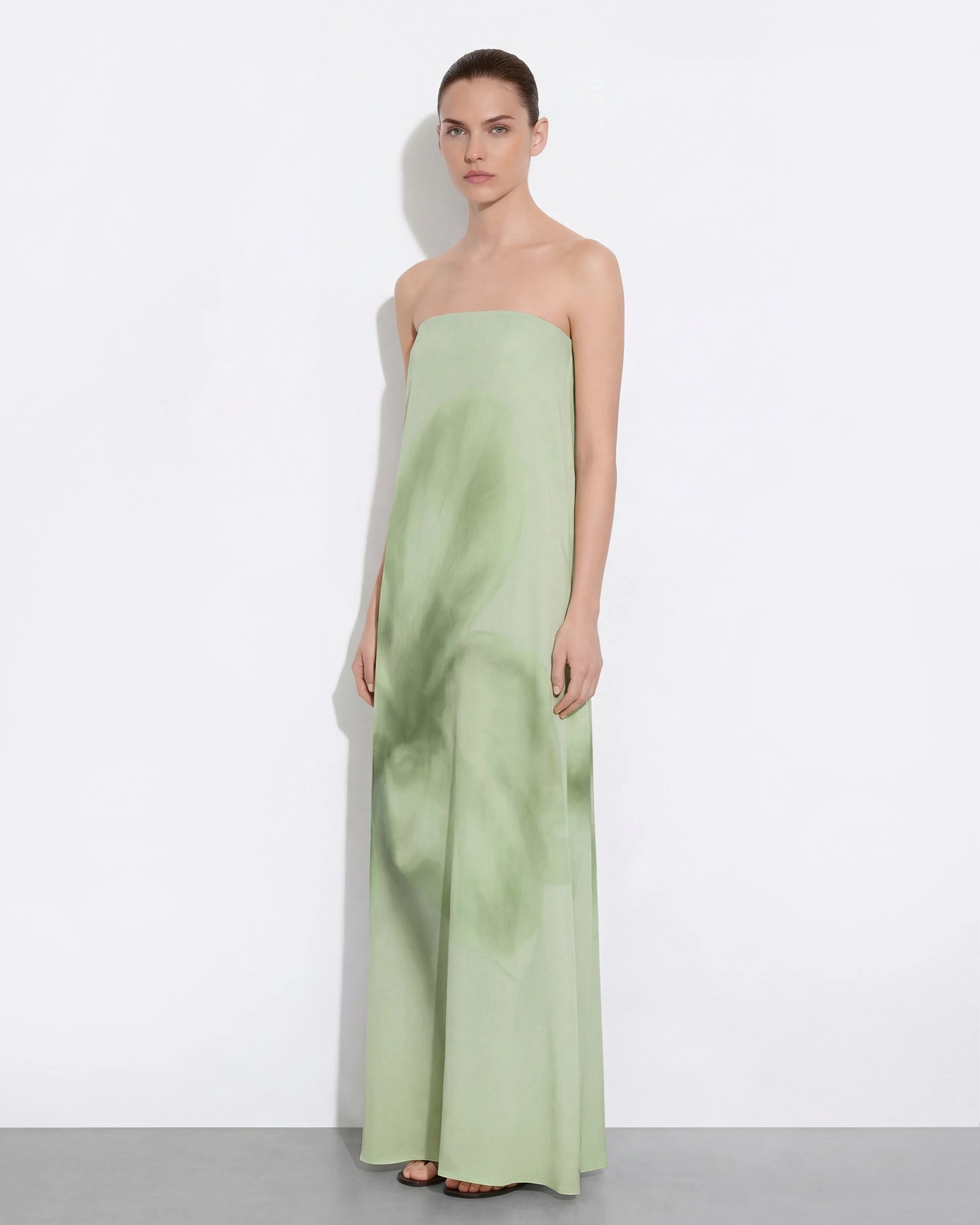 Elegant A-Line Strapless Sleeveless Watercolor Back Bow Mint Green Floor-Length Prom Dress