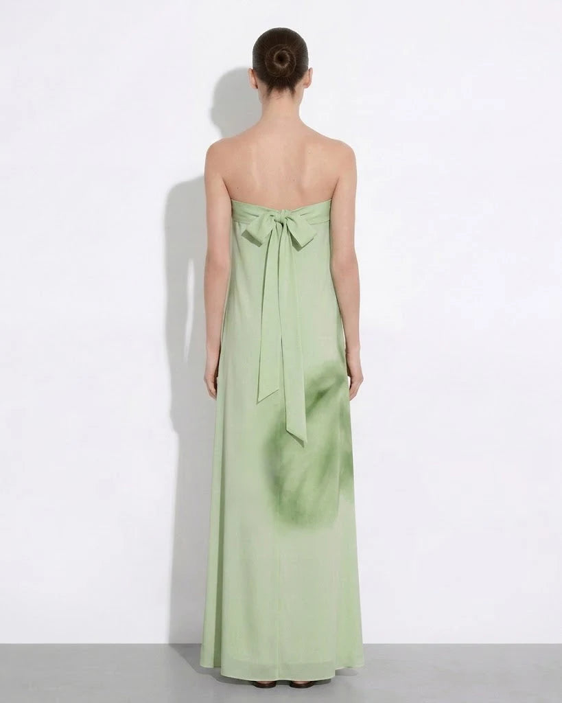 Elegant A-Line Strapless Sleeveless Watercolor Back Bow Mint Green Floor-Length Prom Dress