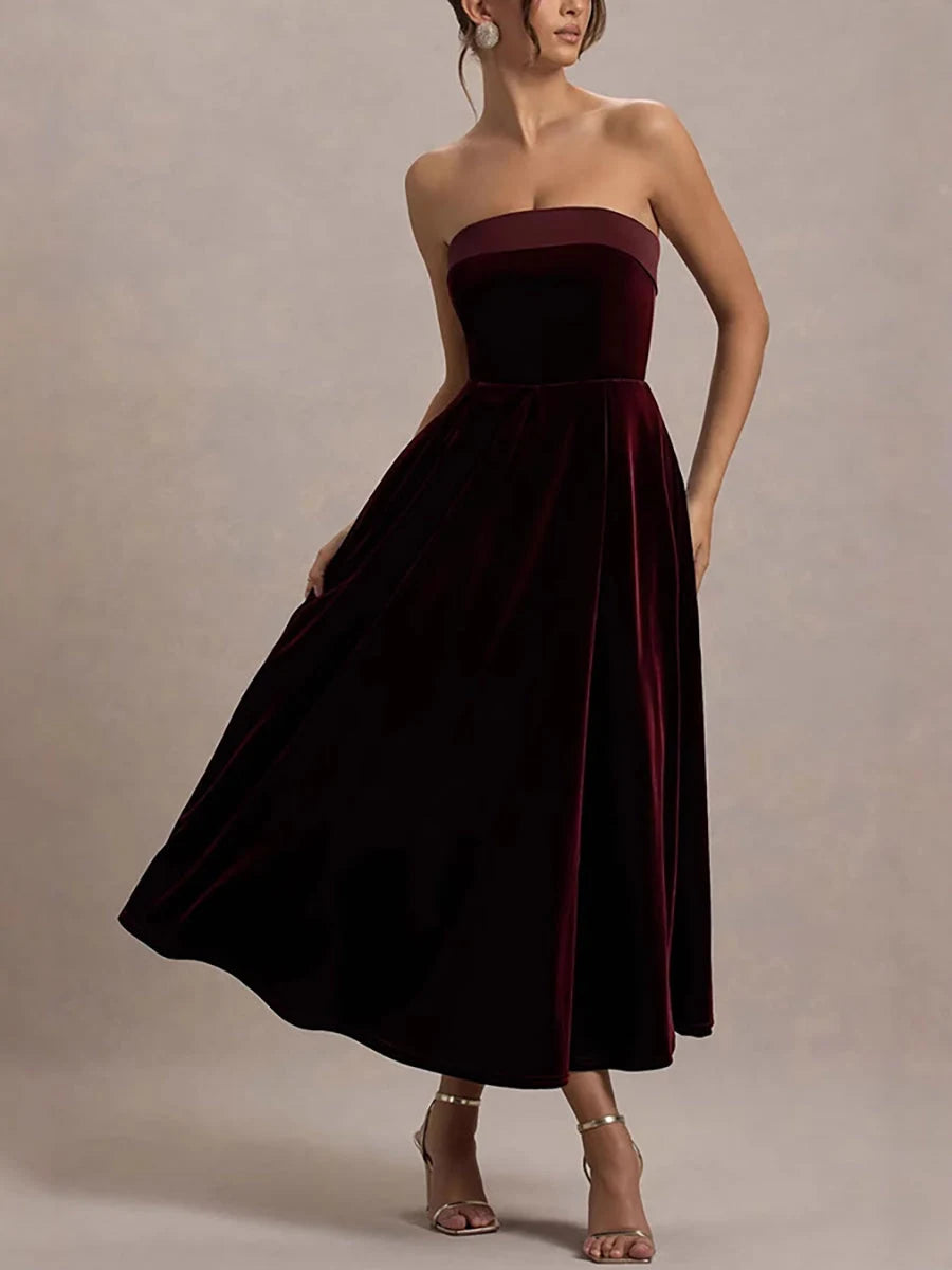 Elegant A-Line Strapless Sleeveless Wine Red Midi Prom Gown for Women
