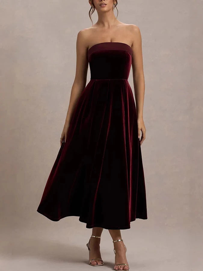 Elegant A-Line Strapless Sleeveless Wine Red Midi Prom Gown for Women