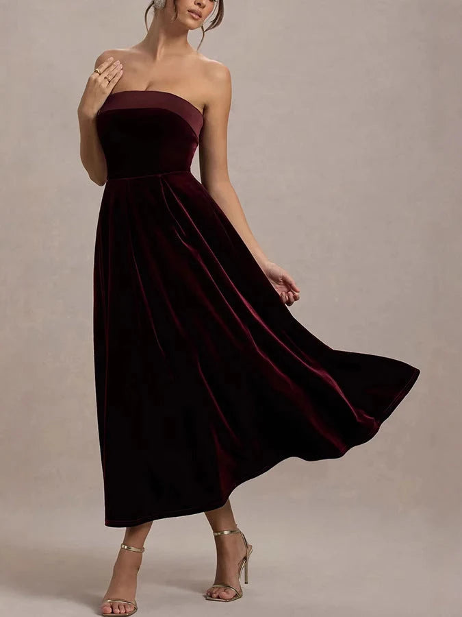 Elegant A-Line Strapless Sleeveless Wine Red Midi Prom Gown for Women