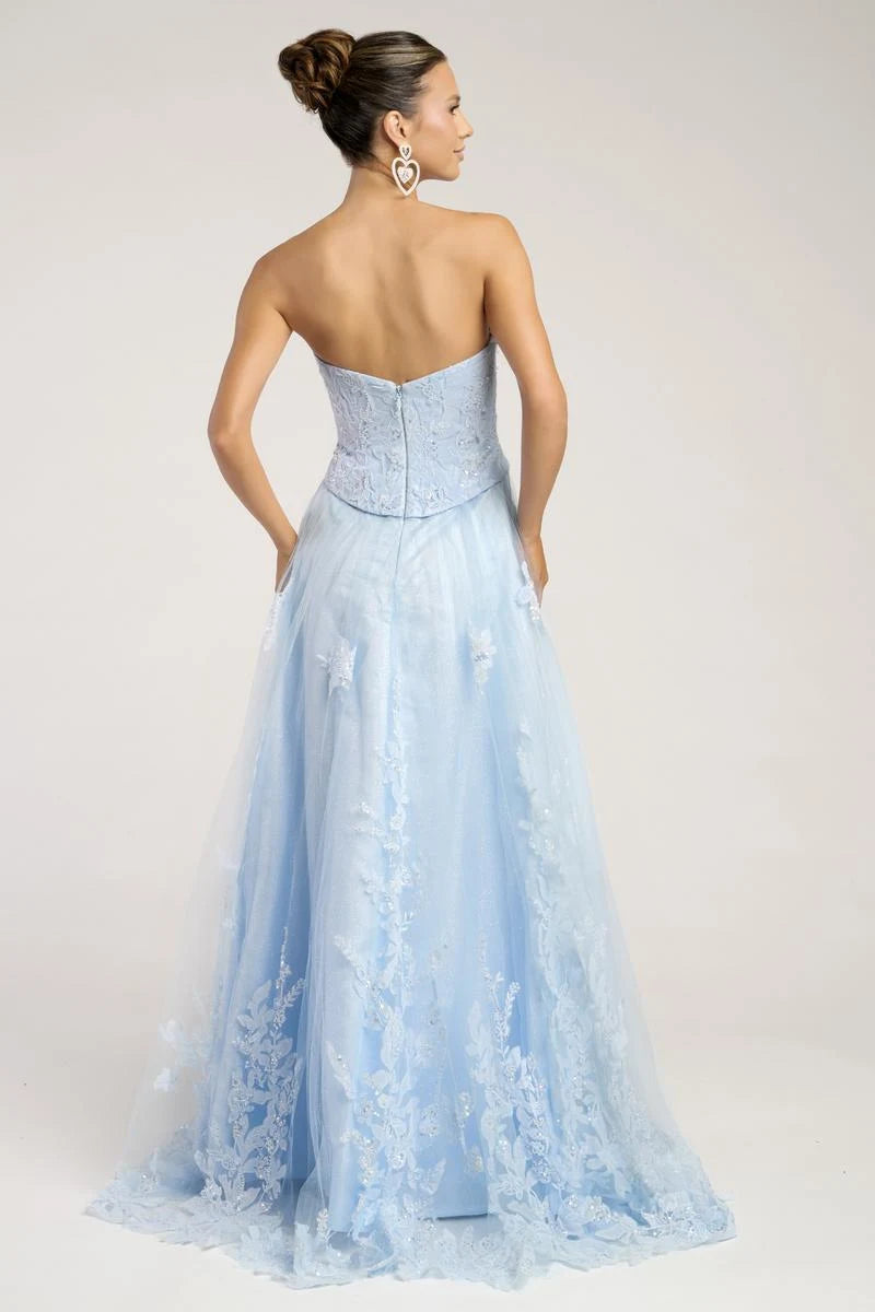 Elegant A-Line Strapless Sweetheart Embroidered Light Blue Floor-Length Prom Gown