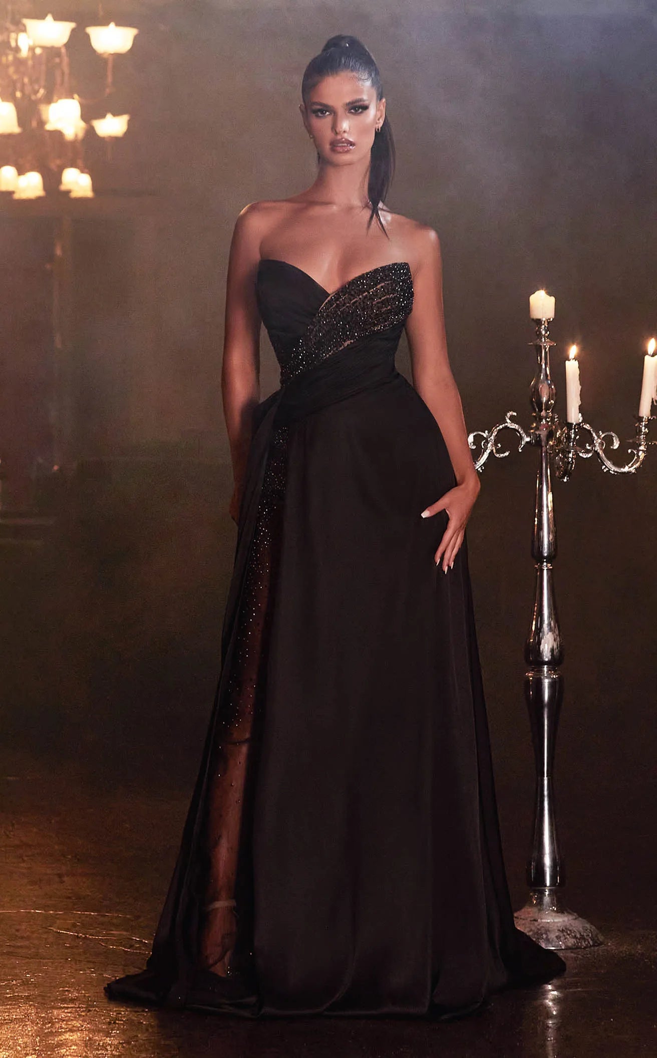 Elegant A-Line Strapless Sweetheart Sleeveless Beaded Black Floor-Length Prom Dresses Women's Gown