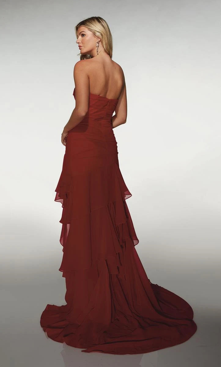 Elegant A-Line Strapless Sweetheart Sleeveless Ruffled High-Slit Wine Red Floor-Length Women's Prom Gown