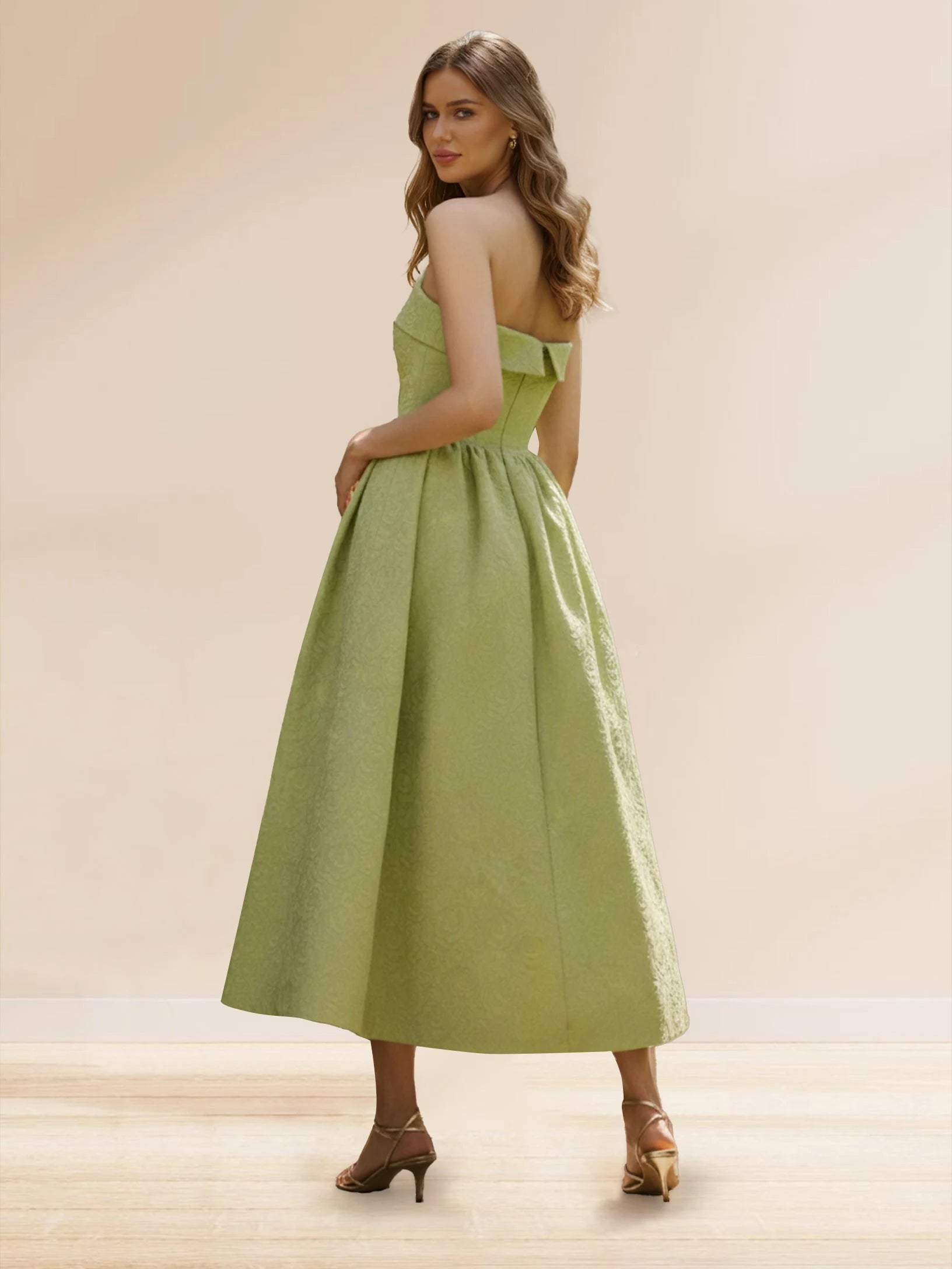 Elegant A-Line Strapless Textured Pistachio Green Midi Prom Dresses Women's Gown