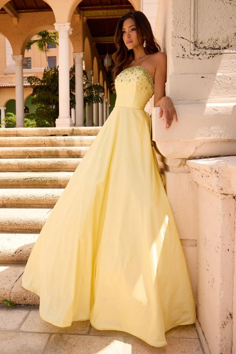 Elegant A-Line Strapless Tiered Beaded Yellow Floor-Length Prom Gown