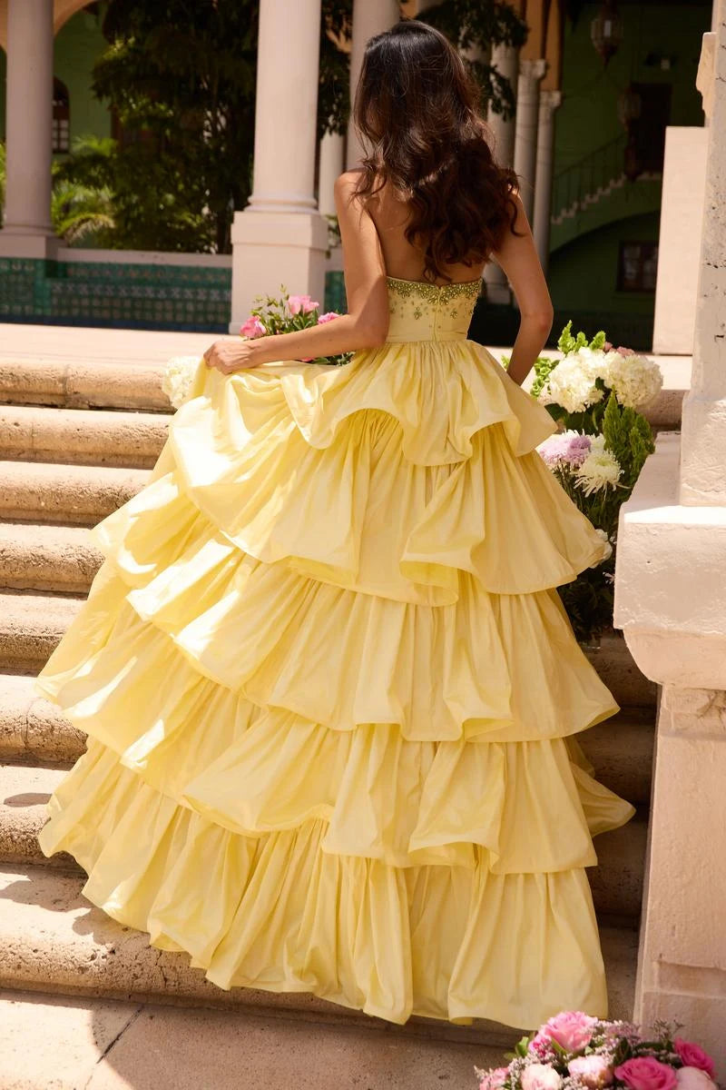 Elegant A-Line Strapless Tiered Beaded Yellow Floor-Length Prom Gown