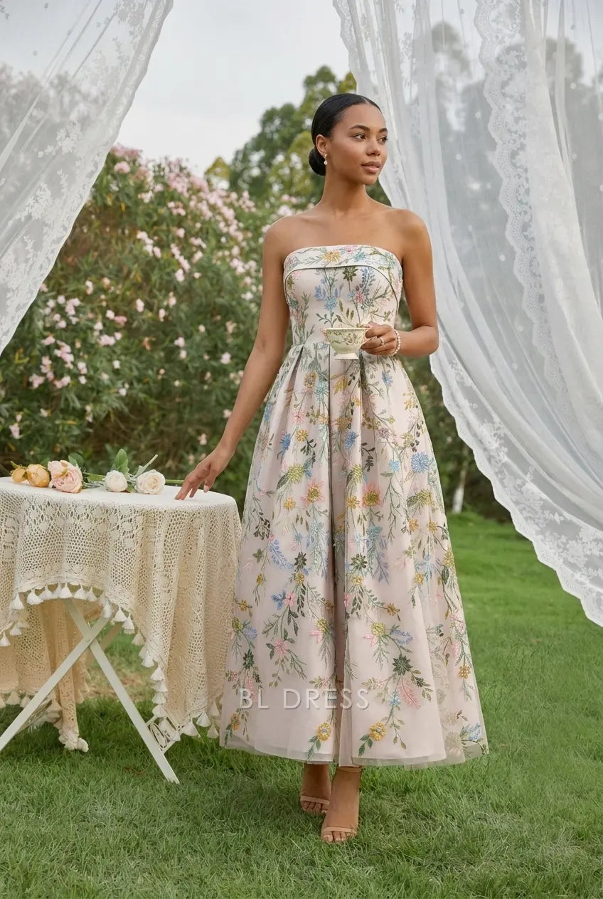 Elegant A-Line Strapless Whimsical Floral Blush Midi Prom Dress Women's Gown