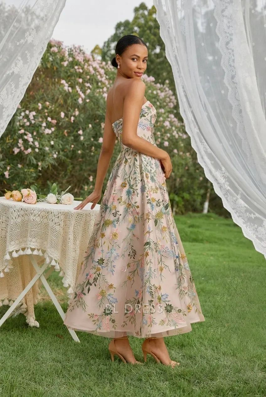 Elegant A-Line Strapless Whimsical Floral Blush Midi Prom Dress Women's Gown