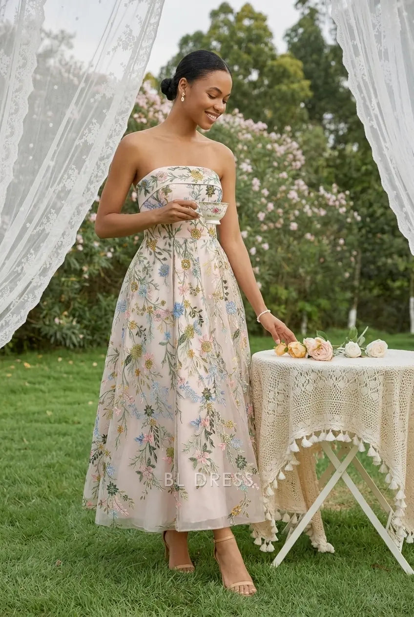 Elegant A-Line Strapless Whimsical Floral Blush Midi Prom Dress Women's Gown