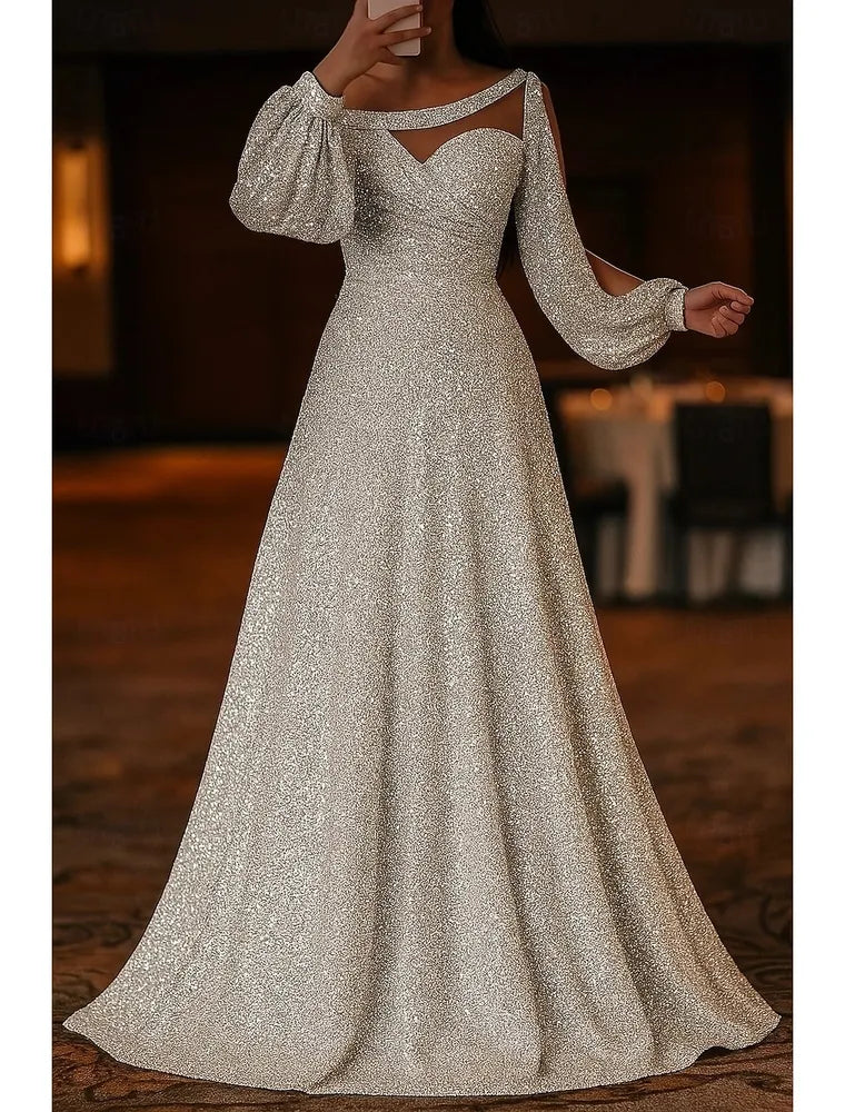 Elegant A-Line Sweetheart Asymmetrical Long Sleeves Glitter Champagne Floor-Length Evening Gown