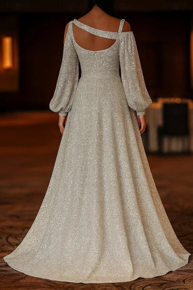 Elegant A-Line Sweetheart Asymmetrical Long Sleeves Glitter Champagne Floor-Length Evening Gown