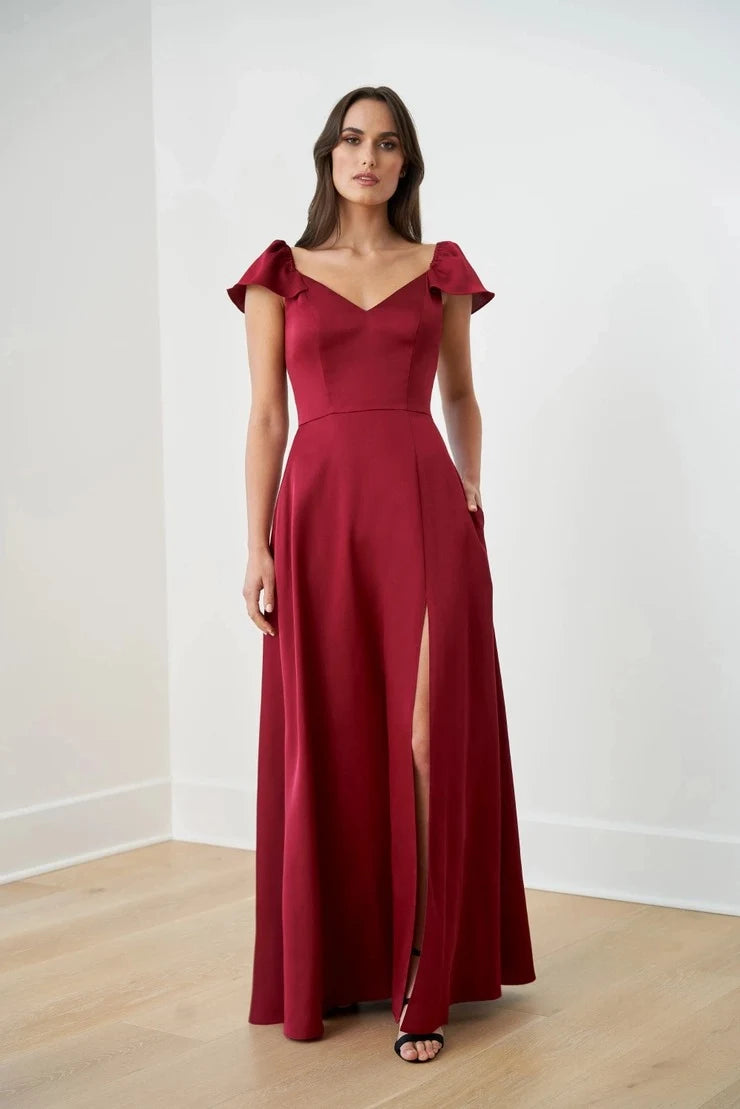 Elegant A-Line Sweetheart Cap Sleeve Chic Slit Red Long Prom Dress for Women