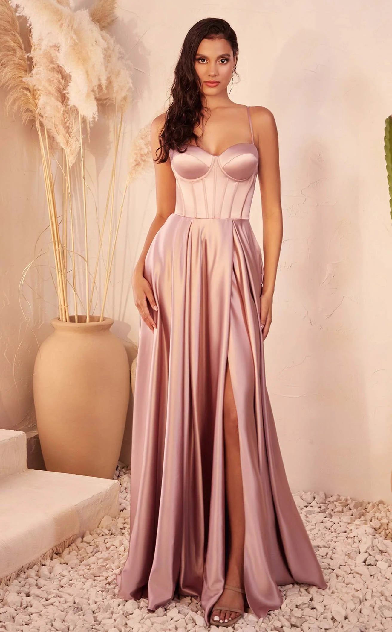 Elegant A-Line Sweetheart Corset High Slit Dusty Rose Long Prom Gown