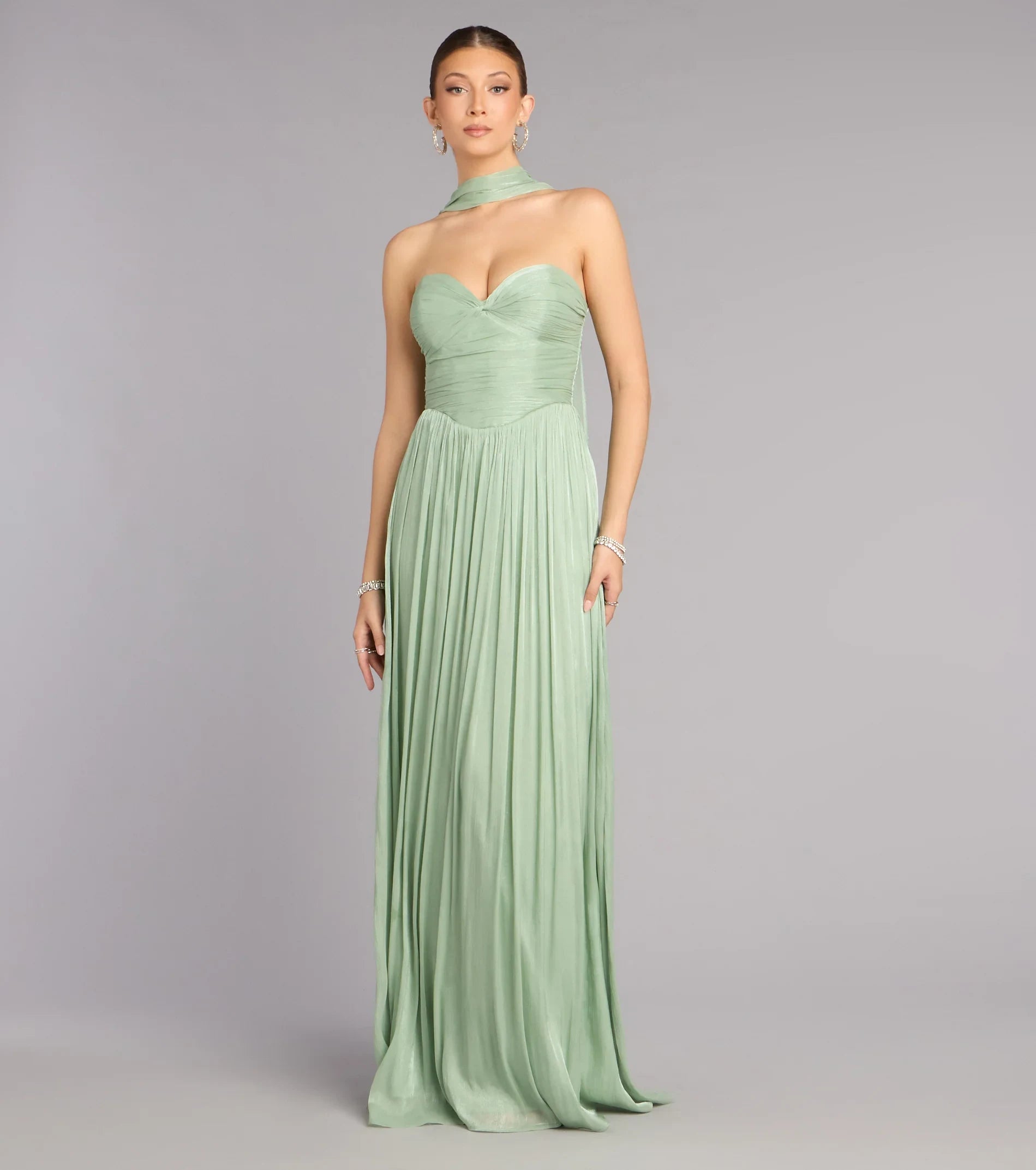 Elegant A-Line Sweetheart Draped Sleeveless Sage Green Floor-Length Prom Gown
