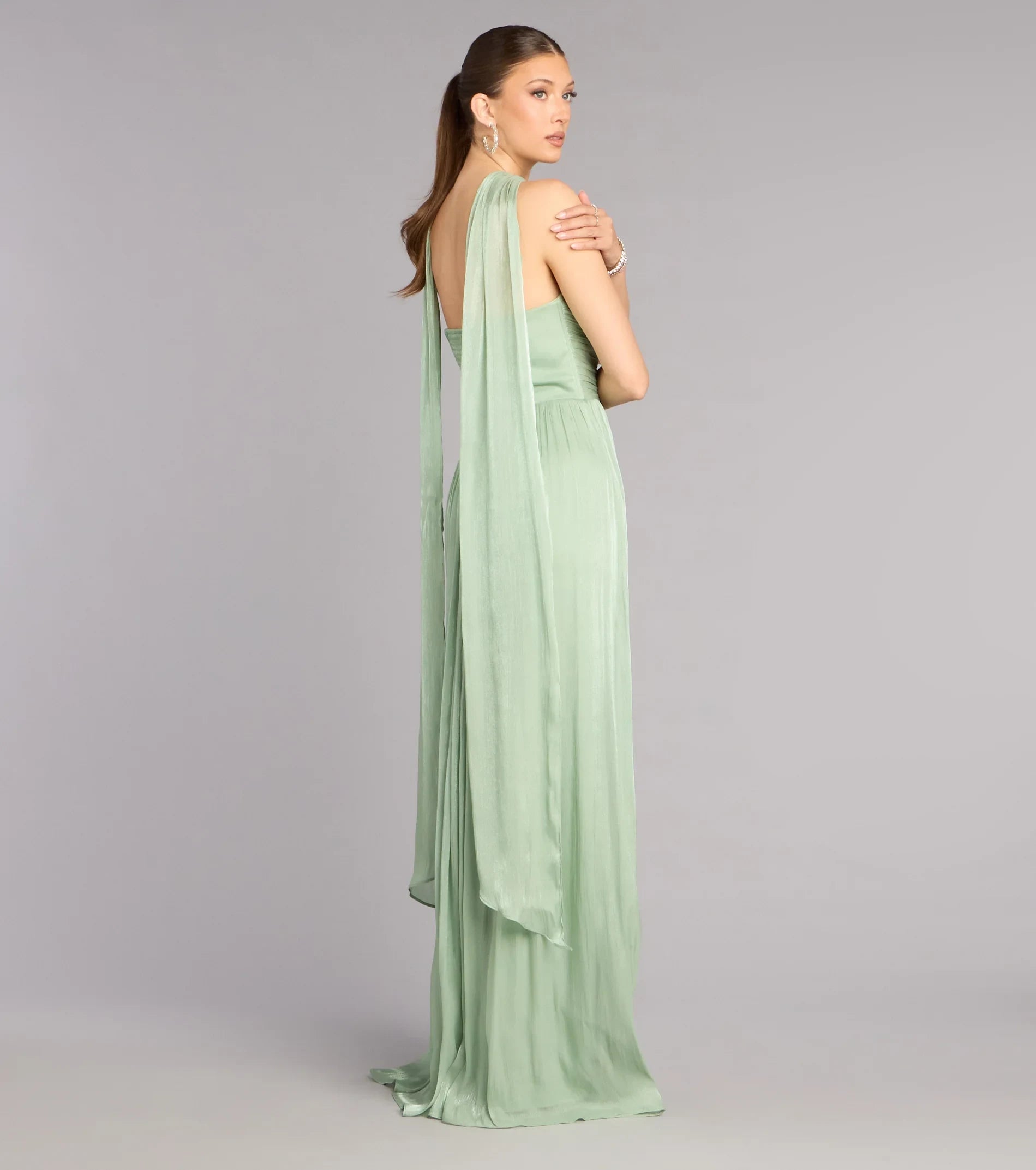 Elegant A-Line Sweetheart Draped Sleeveless Sage Green Floor-Length Prom Gown