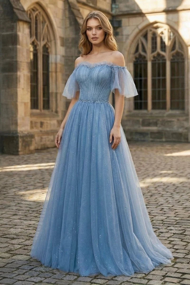 Elegant A-Line Sweetheart Flutter-Sleeve Beaded Corset Blue Maxi Prom Dresses Women