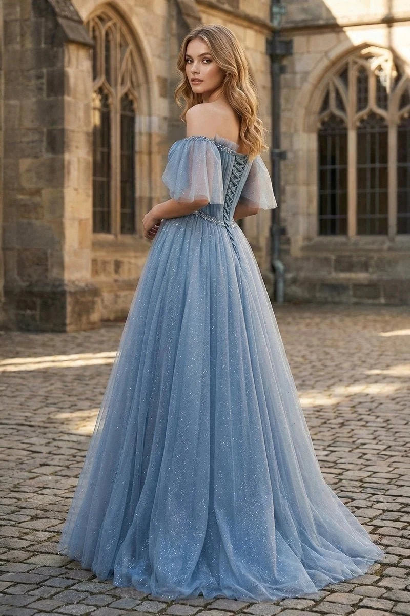 Elegant A-Line Sweetheart Flutter-Sleeve Beaded Corset Blue Maxi Prom Dresses Women