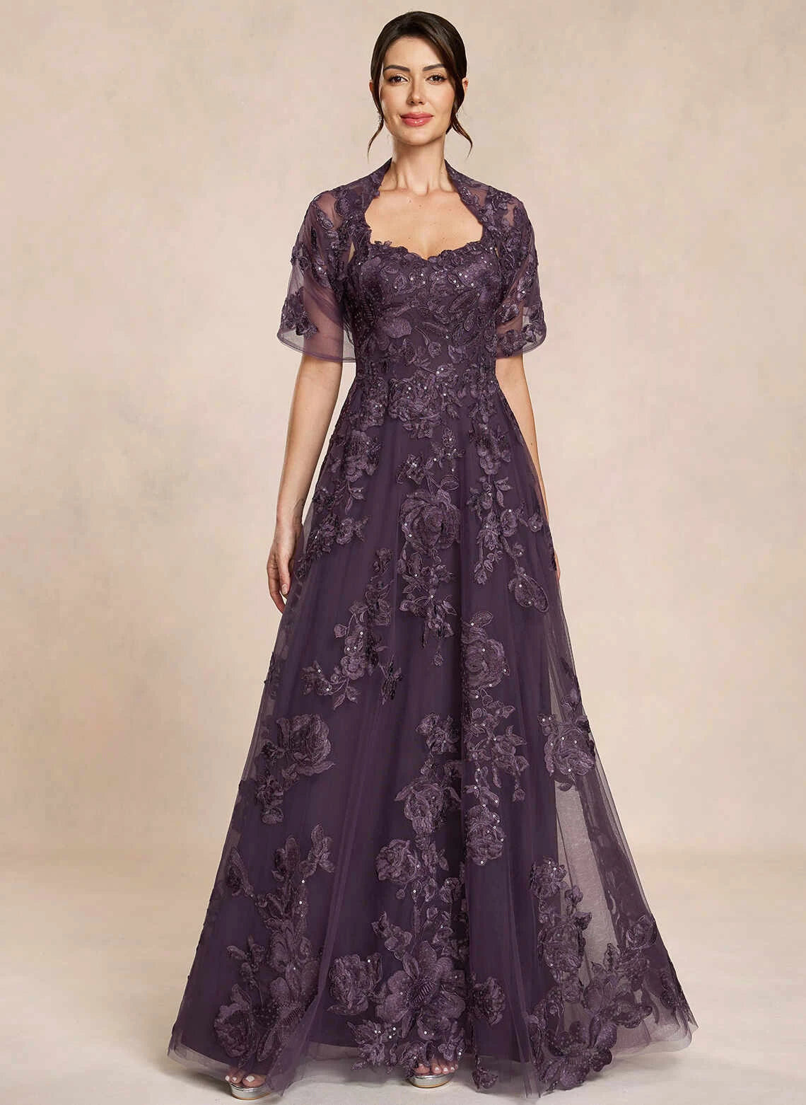 Elegant A-Line Sweetheart Half Sleeve Applique Plum Long Mother of the Bride Dress For Women