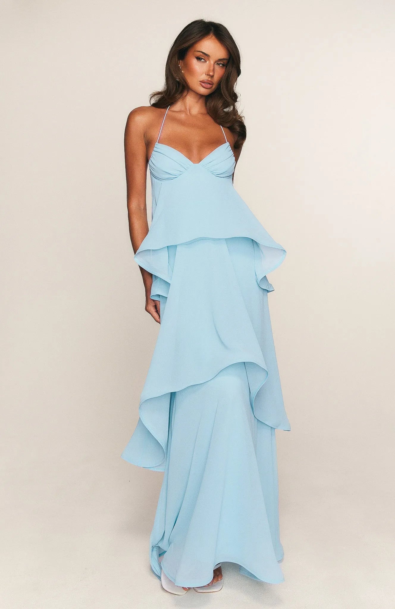 Elegant A-Line Sweetheart Halter Sleeveless Flowy Tiered Sky Blue Prom Gown