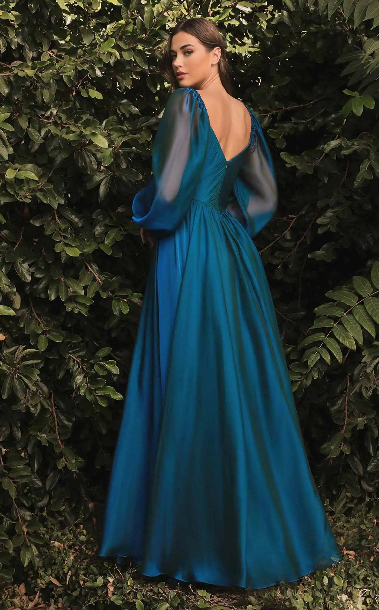 Elegant A-Line Sweetheart Long Puff Sleeve Ruched Teal Blue Floor-Length Prom Dress