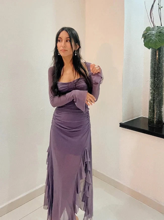 Elegant A-Line Sweetheart Long Sleeve Ruched Ruffled Purple Midi Homecoming Dress